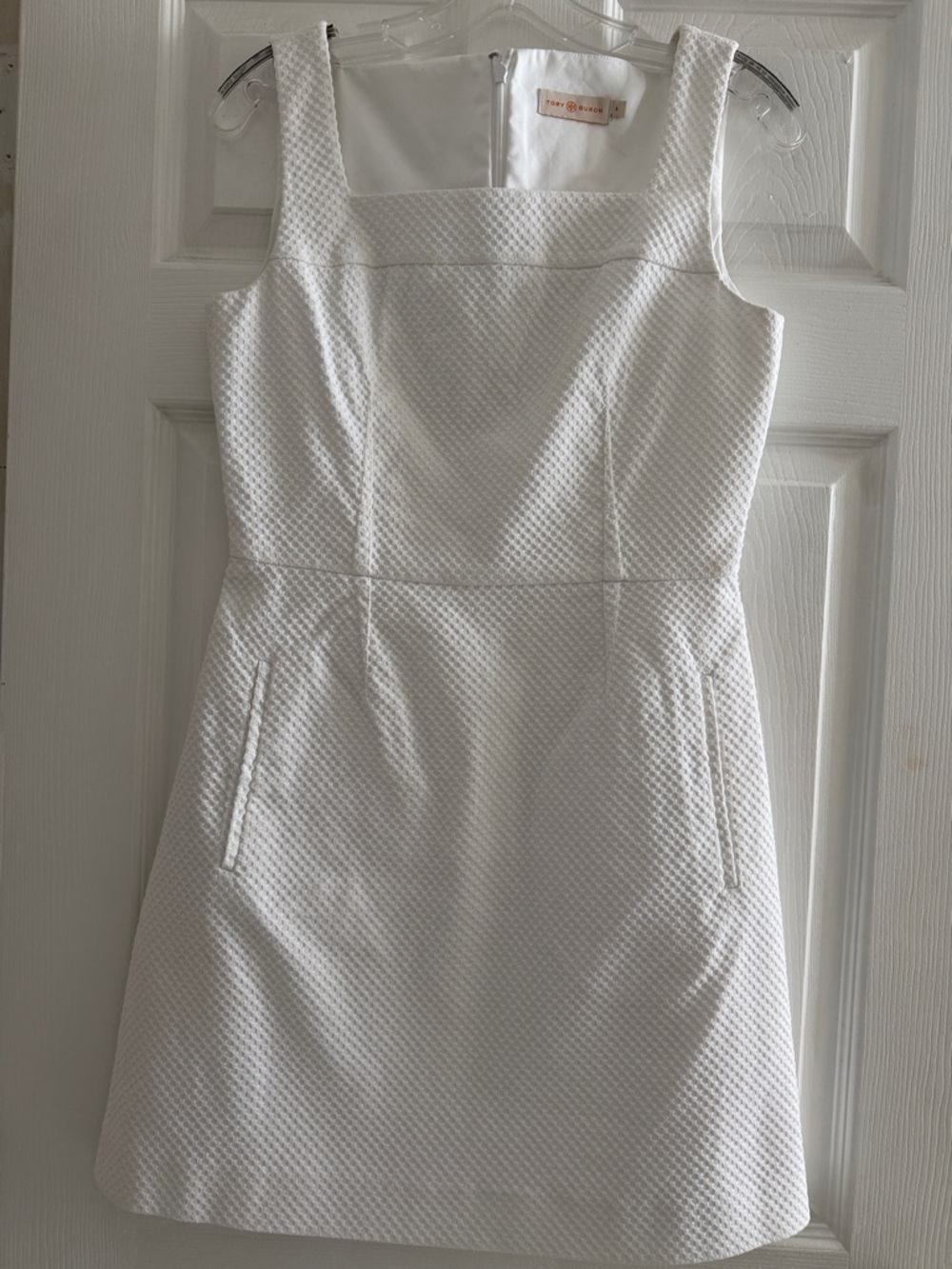 TORY BURCH White Cotton Stretch Pique Sleeveless Square Neck Dress Sz 4
